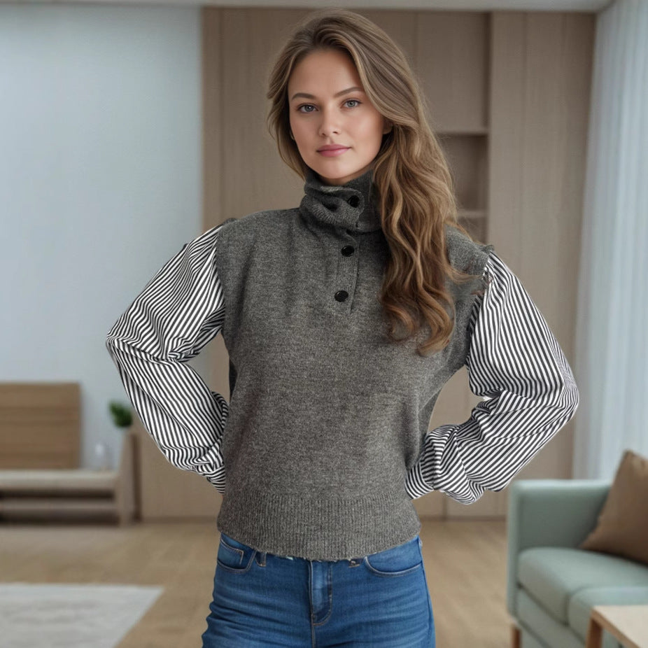 Dame strikket sweater med elegante puffærmer og moderne opretstående krave Stilla