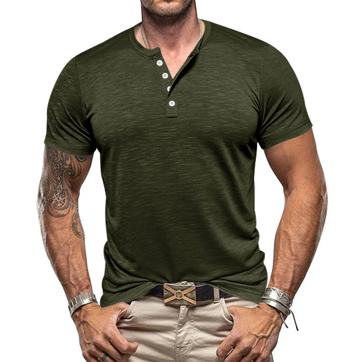 Herrer nan atletisk Henley T-shirt lavet af struktureret slub-bomuld med kort knaplukning Skovae