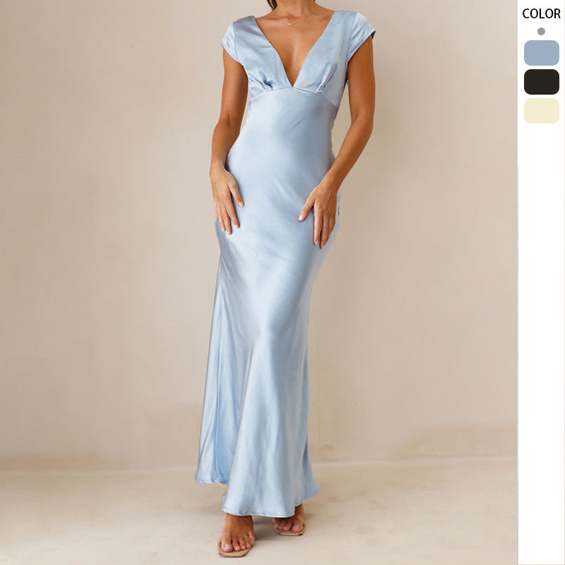 Dame Elegant Maxikjole med Dybt V-Udskæring og Strømmende Satin-Finish Skovae