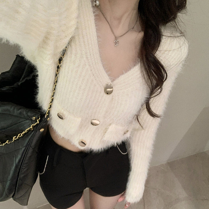 Femme Fluffy Tekstur Knappet Cardigan Stilla