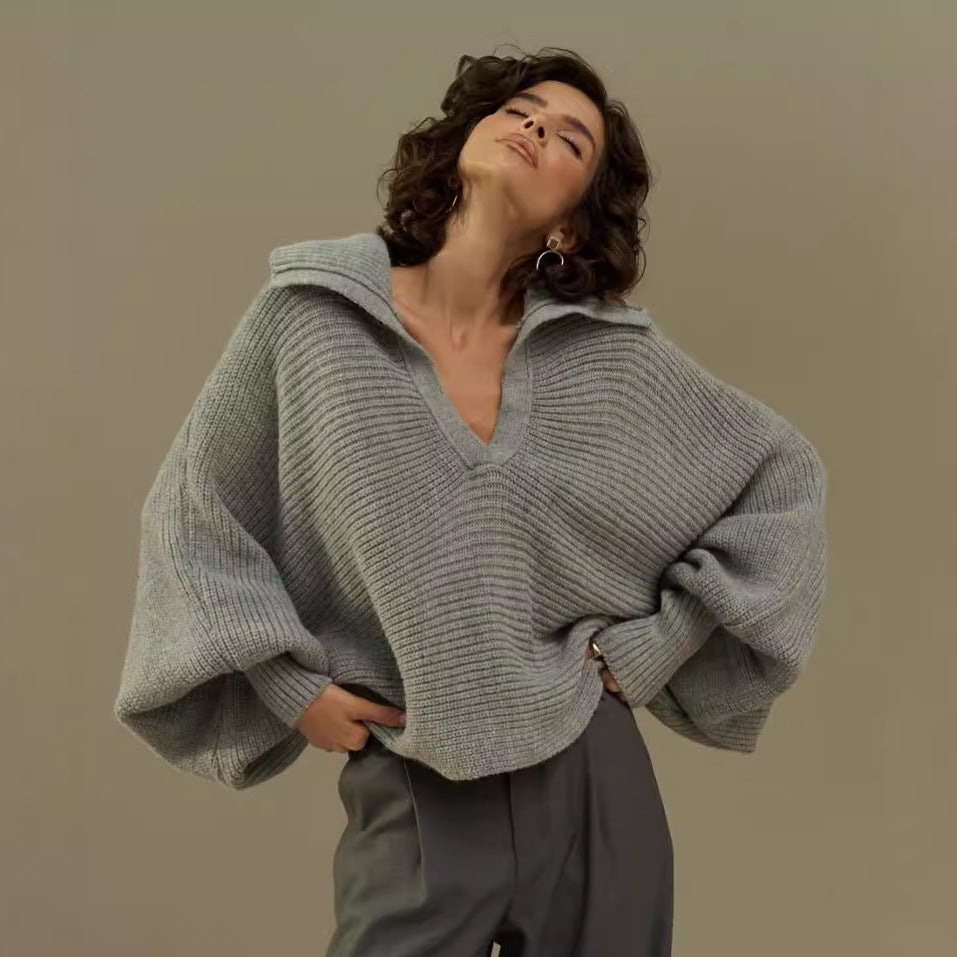 Dame afslappet strikpullover med oversized krave Stilla