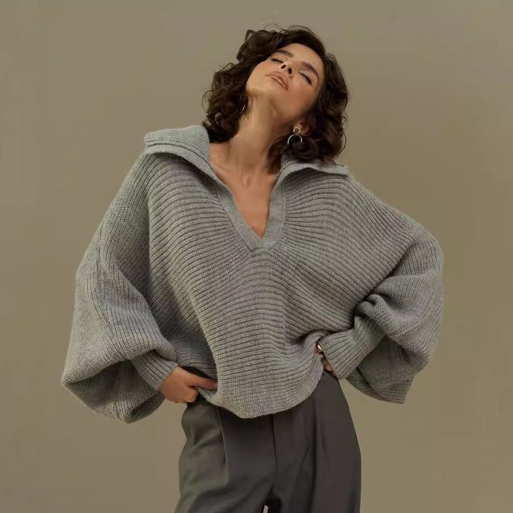 Dame afslappet strikpullover med oversized krave Stilla