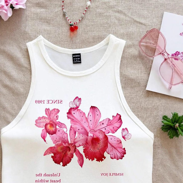 Dame ærmeløs tanktop med glad kirsebærmotiv Skovae