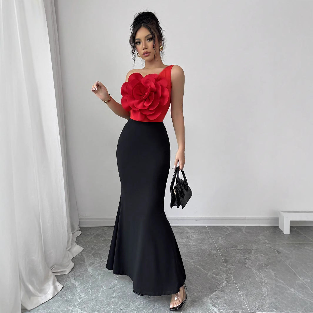 Dame Elegant Maxikjole med voluminøst blomsterskørt og asymmetrisk kant Stilla