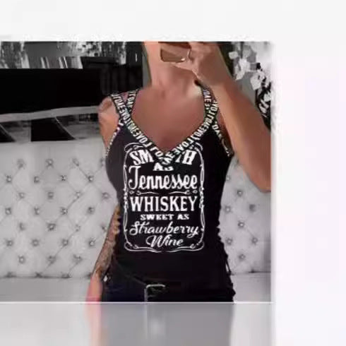 Dame tanktop med V-udskæring og iøjnefaldende tryk Skovae