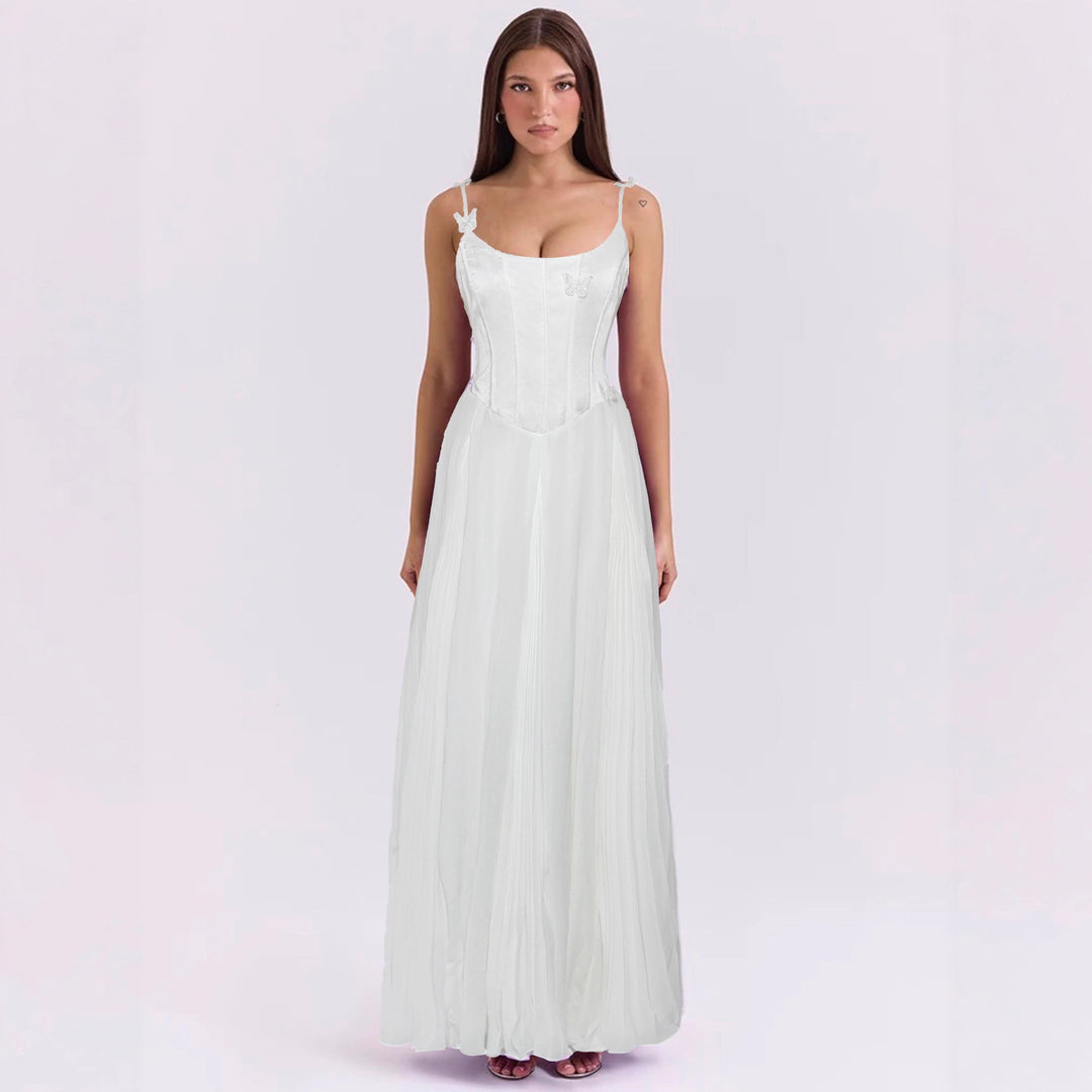 Dame nan figursyet korsett-maxikjole med sommerfuglstropper og plisseret chiffon nederdel Skovae