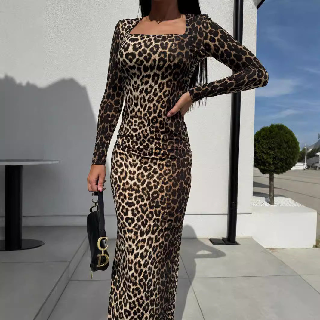 Dame Langærmet Leoparden Print Bodycon Kjole Stilla
