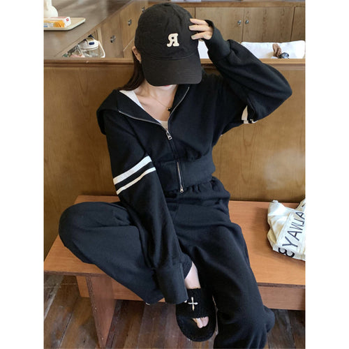 Kvindernes sporty hoodie og joggebuksen sæt med sporty lynlås og bred pasform Skovae
