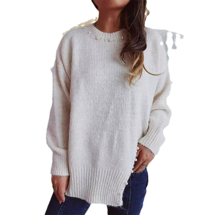 Dame hyggesweater med delikat perledekorering Stilla