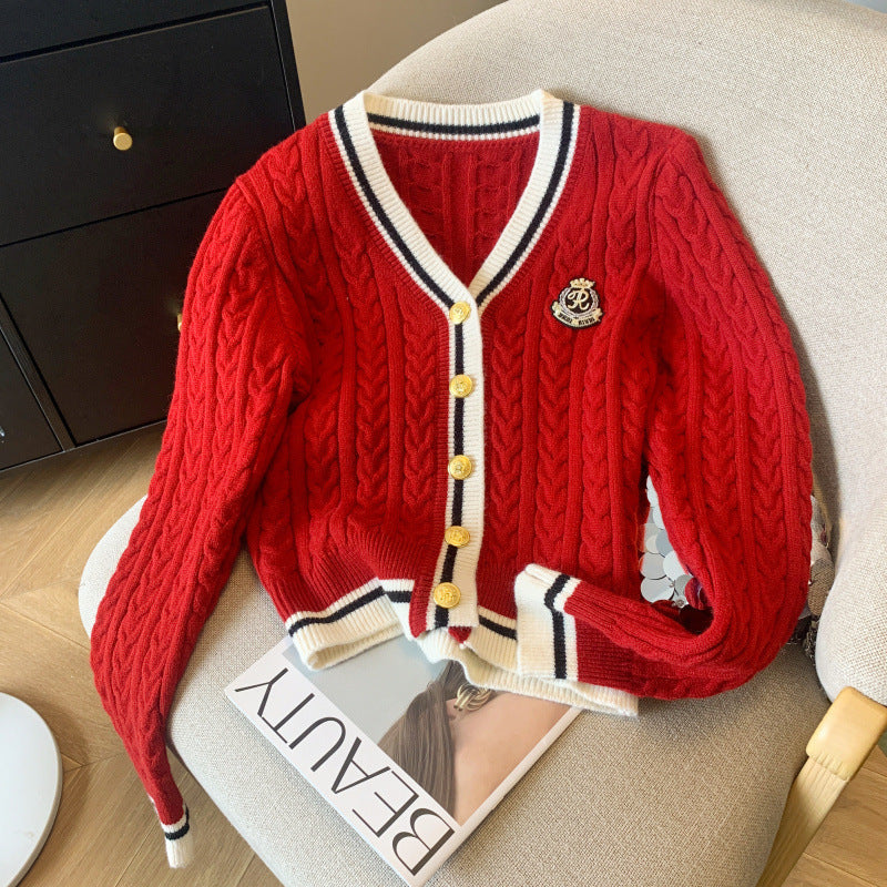 Kvinders chunky strik cardigan med dekorationsknapper og sporty stribemønster Stilla