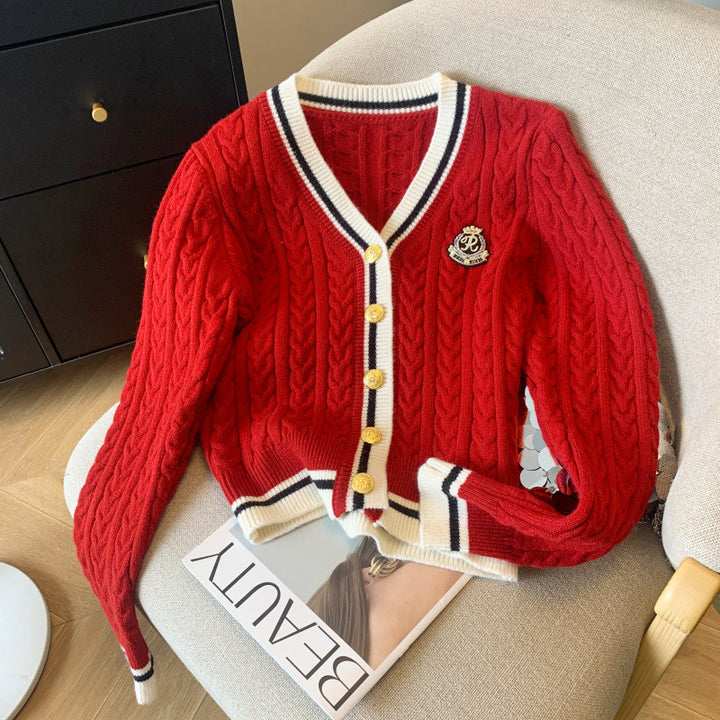 Kvinders chunky strik cardigan med dekorationsknapper og sporty stribemønster Stilla