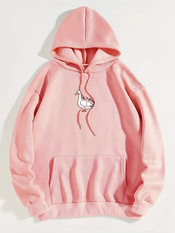 Dame hoodie med kreativ gåsemotiv og blødt fleece indeni Stilla