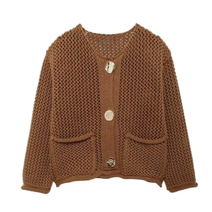 Dame mesh strik cardigan med praktiske lommer og dekorative knapper Stilla