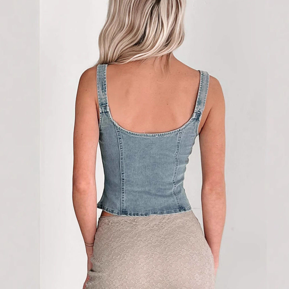 Dame Denim-Corsage med lynlås og justerbare stropper Stilla