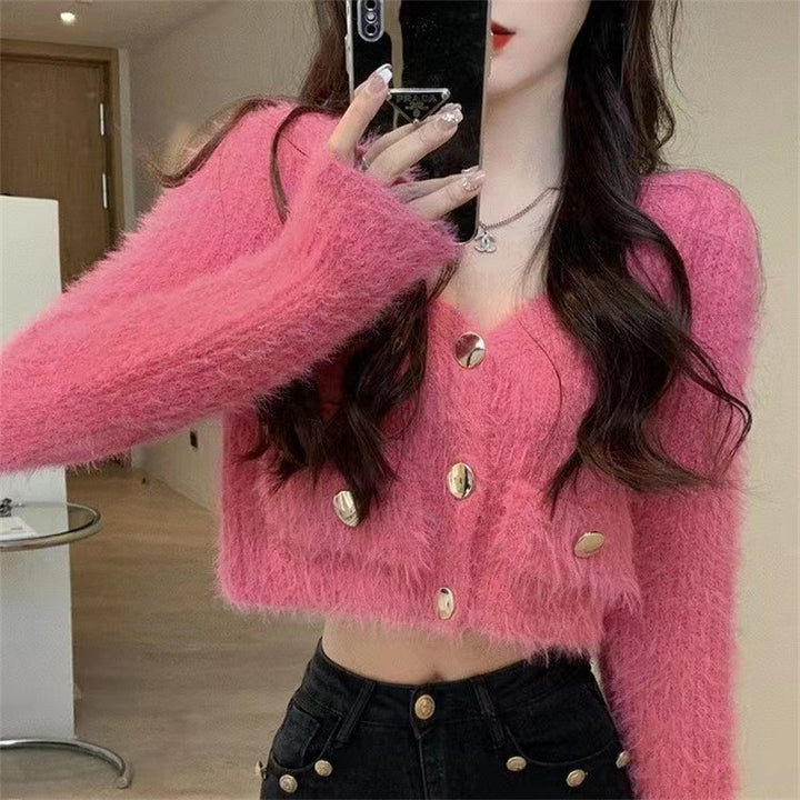 Femme Fluffy Tekstur Knappet Cardigan Stilla