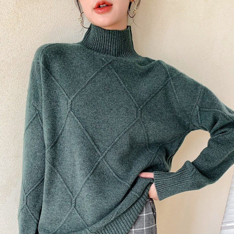 Kvinders sweater med høj krave og struktureret diamantmønster Stilla