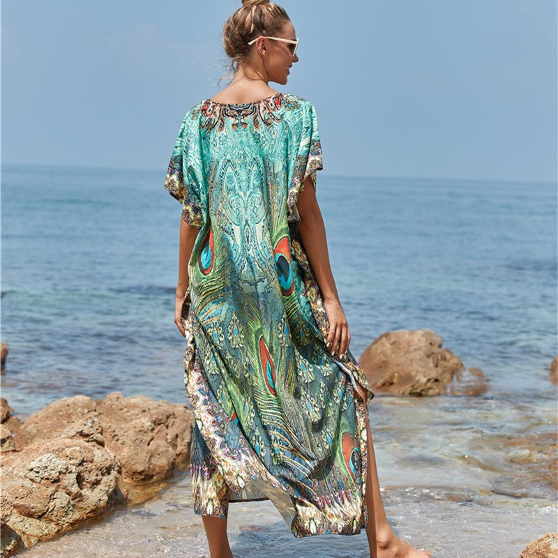 Dame Kaftan med kunstnerisk påfuglemotiv Stilla
