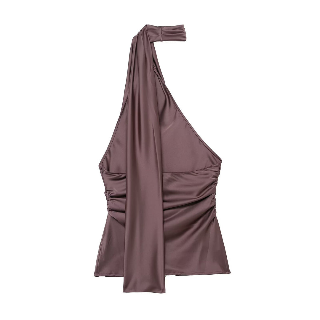 Dame asymmetrisk top med elegant halsknude-design og rynker Skovae