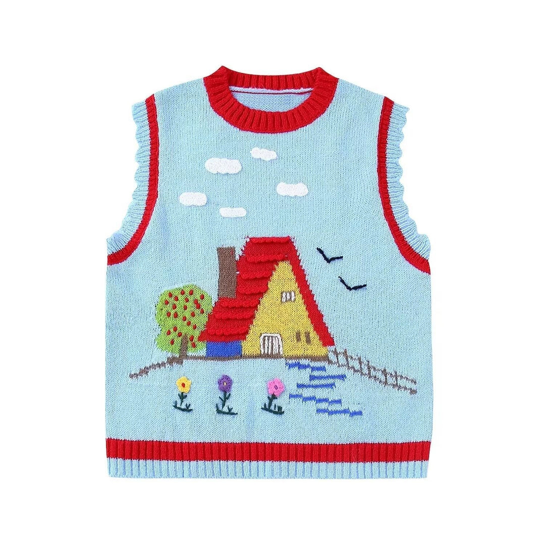 Femme Behagelig Strikket Ærmeløs Pullover Vest med Malerisk Broderi Stilla