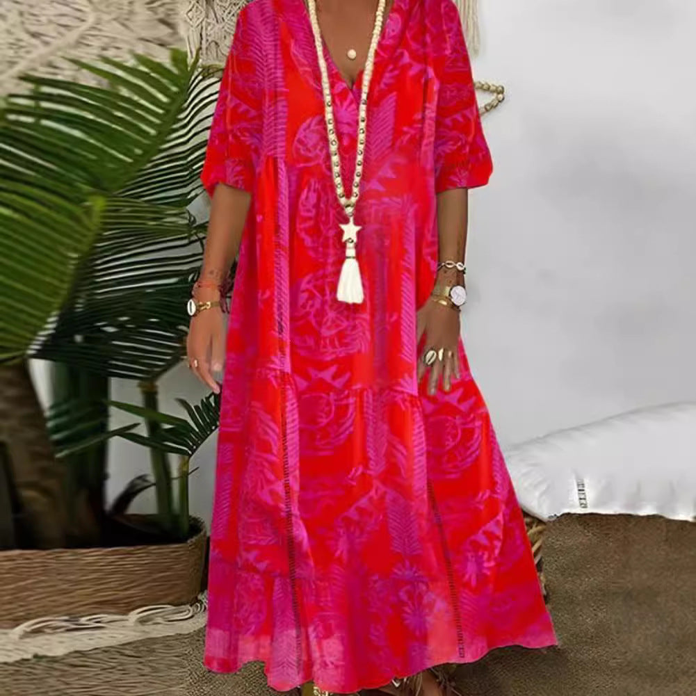Dame nan Boho-langkjole med dyb V-hals, stufensnit og afslappet oversized pasform Skovae