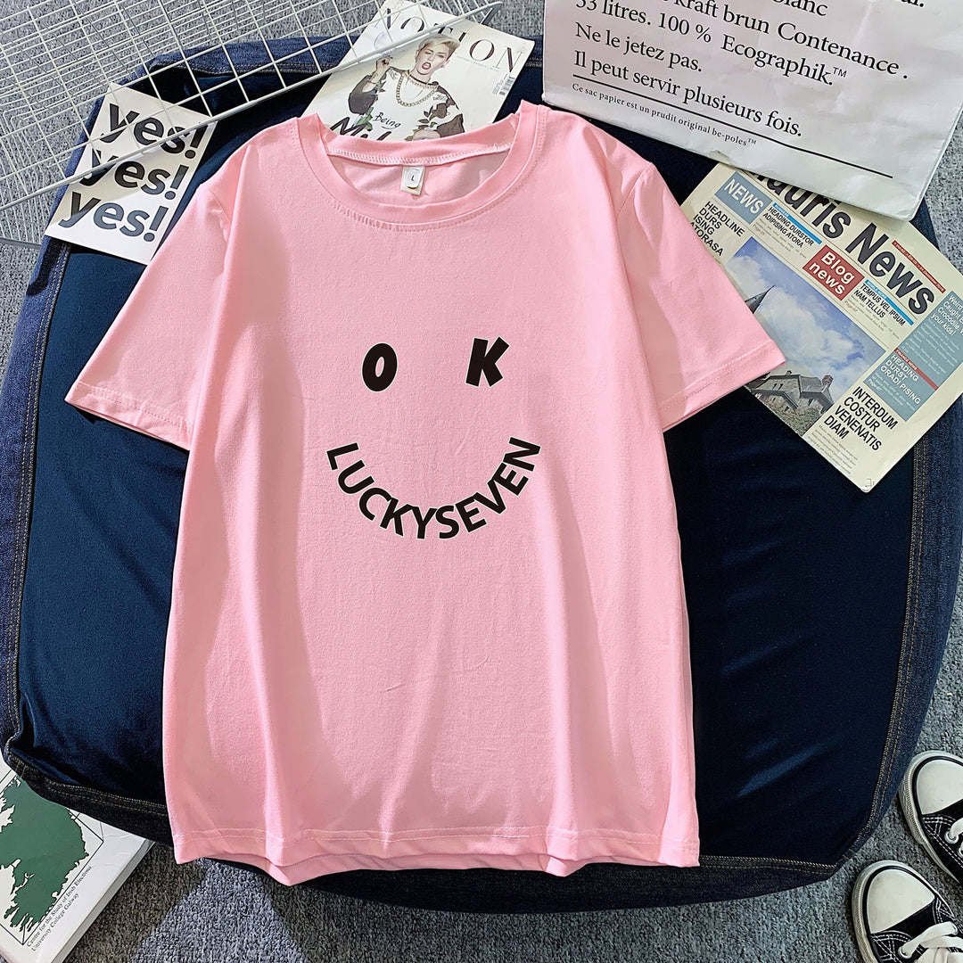 Kvindernes fashionabel t-shirt med afslappet smiley-tryk og høj kvalitet bomulds kvalitet Skovae