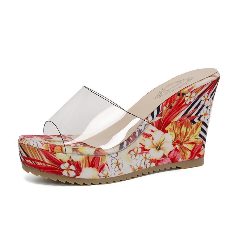 Dame nan PVC-rems kile-sandaler med blomstertrykt kile-sål og ergonomisk komfort fodseng Skovae