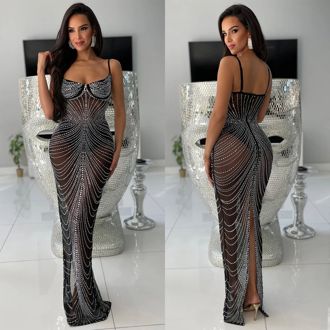 Dame Elegant Rhinestone Besat Aftenkjole med dyb Udsnit og figursyet Snit Stilla