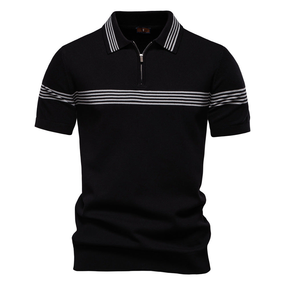 Herrer nan edelt finstrik-polo-shirt med kort metal lynlås, ribbede ærmer og kontrasterede stribebånd Skovae