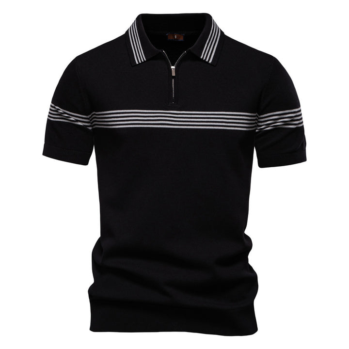 Herrer nan edelt finstrik-polo-shirt med kort metal lynlås, ribbede ærmer og kontrasterede stribebånd Skovae