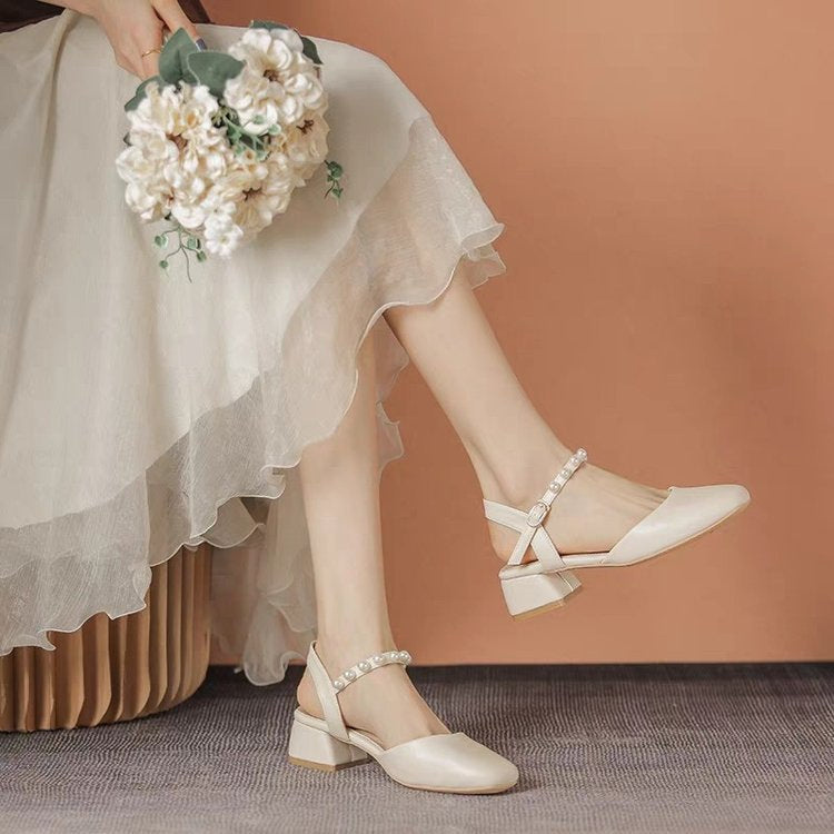 Dame elegante Slingback-pumps med perleprydelse og komfortabel blokhæl Stilla