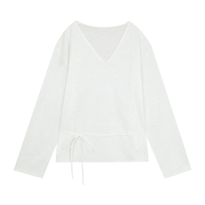 Dame afslappet sweater med moderne V-udskæring og justerbar snoretræk Stilla