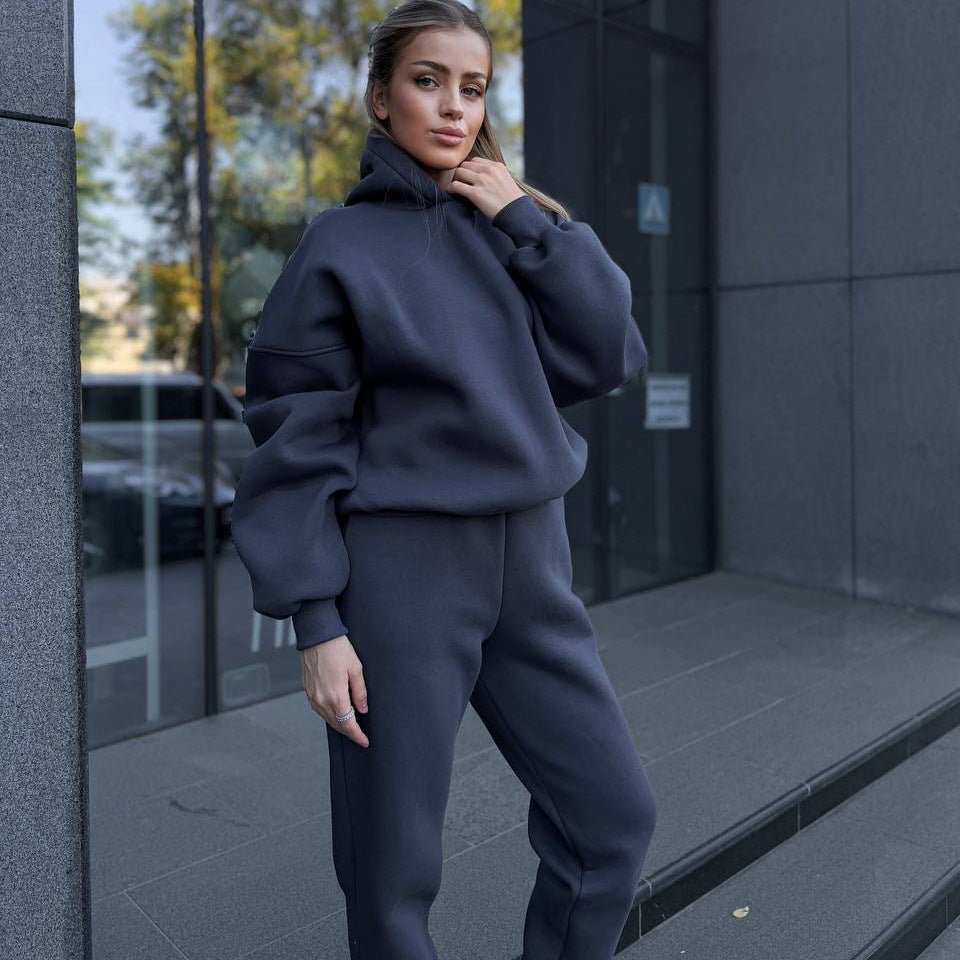 Kvindernes Cozy Leisure Loungewear Sæt med Hætte og Løs Pasform Skovae