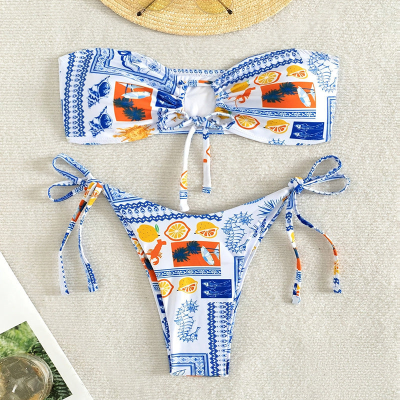 Dame bandeau-bikini-sæt med blomstermønster og justerbare bånd Skovae