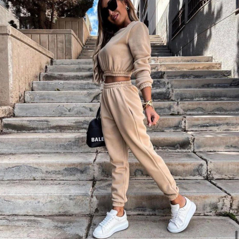 Kvindemode Cropped Sweatset med Elastisk Talje og Løs Pasform Skovae