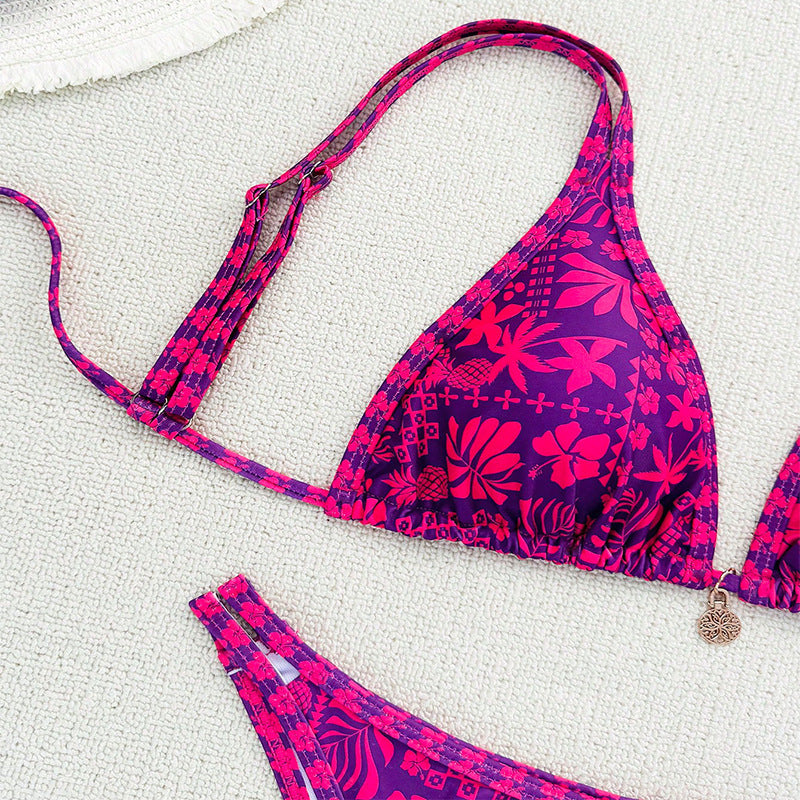 Dame triangel bikini sæt med blomstermønster og raffinerede bindebånd Skovae