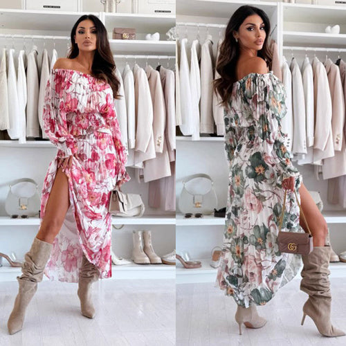 Dame Off-Shoulder Maxikjole med åbne ben og blomsterdesign Stilla