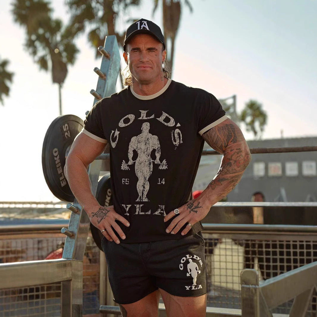 Herrer nan Vintage Træningsshirt med Rundhalsudskæring Kontrastmanschetter og Retro-Bodybuilding-tryk Skovae