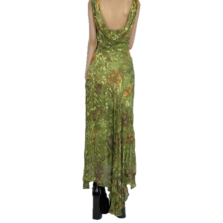 Dame maxikjole med asymmetrisk kant og floral design Skovae