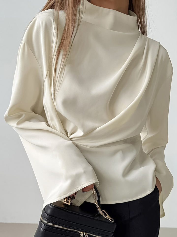 Dame Elegant Ståkrave Top med smart Drapering og bred Snit Stilla