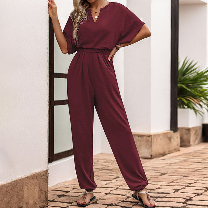 Dame Stilfuld V-Hals Jumpsuit med Elastisk Liv og Vidde Ben Stilla