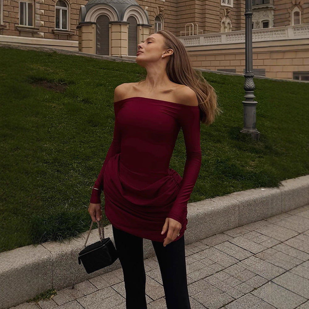 Dame off-shoulder minikjole i elastisk jersey med raffinerede flæsedetaljer Stilla