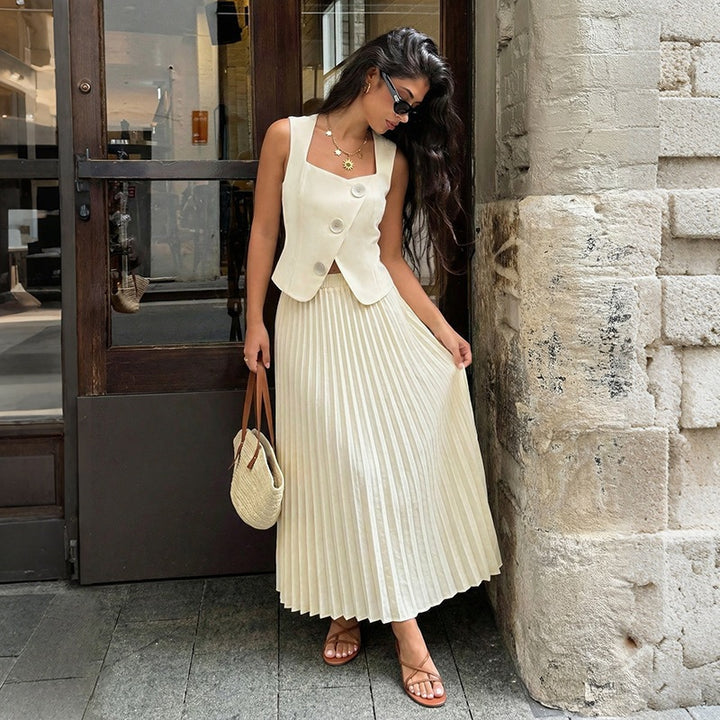 Damen Plissiertes Maxikleid mit elegantem Überwurf Skovae