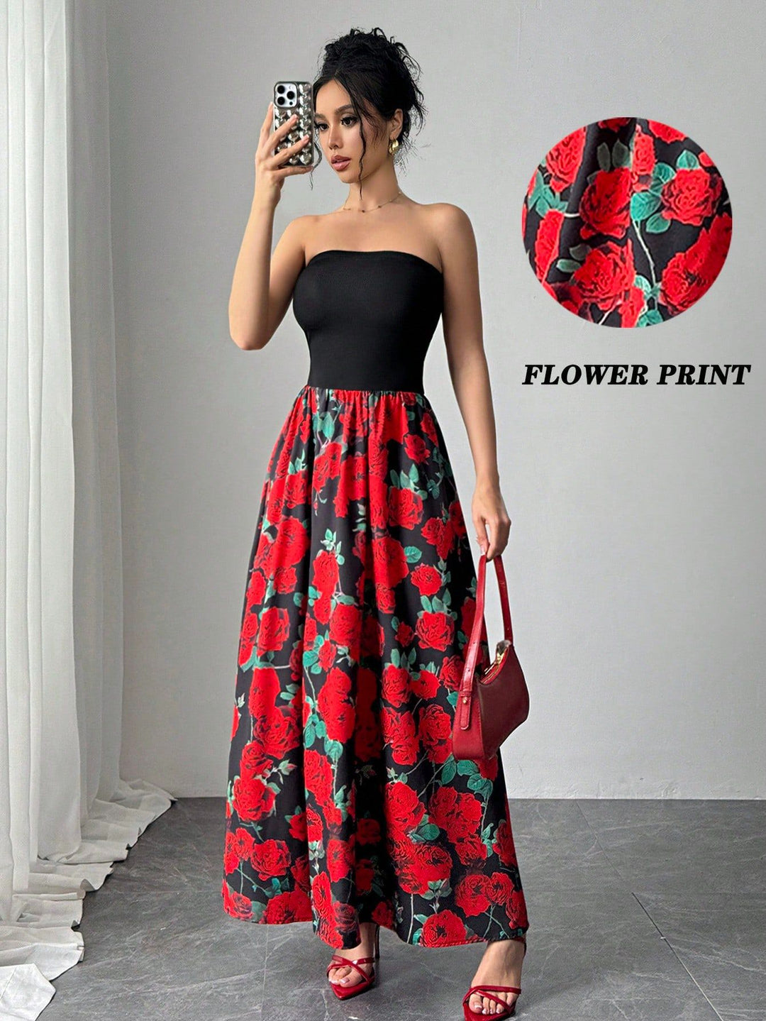 Dame uden stropper maxikjole med figursyet bandeau-overdel og udstillet rose-print-nederdel Skovae