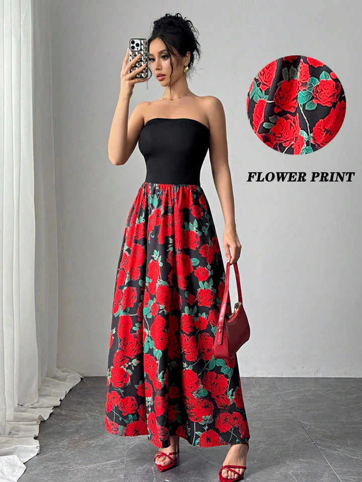 Dame uden stropper maxikjole med figursyet bandeau-overdel og udstillet rose-print-nederdel Skovae