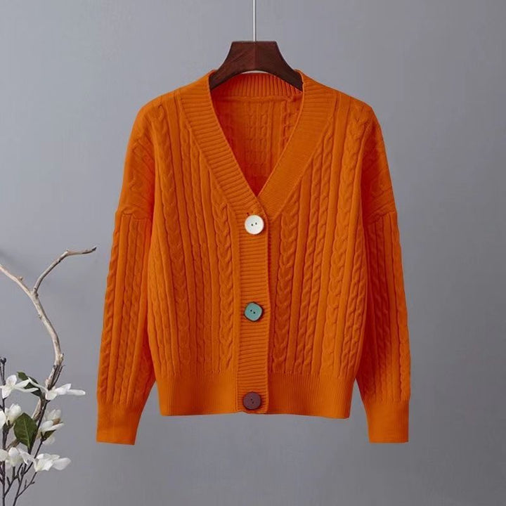 Kvinders chunky strik cardigan med V-hals og dekorative knapper Stilla
