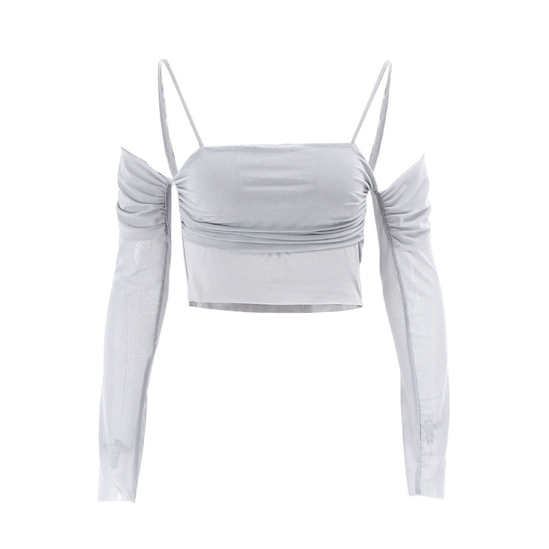Dame Crop-top med Elegant Drapering og Gennemsigtige Ærmer Stilla