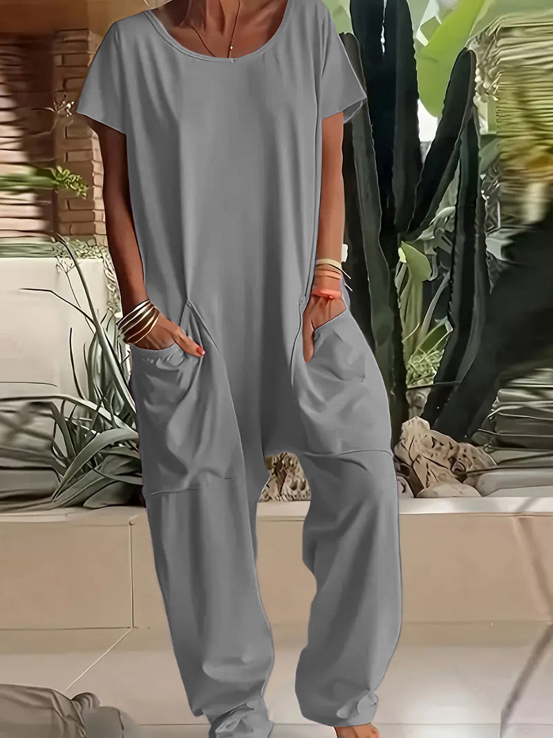 Dame nan vidde komfort jumpsuit med V-udskæring, dyb skridt og sidelommer Skovae