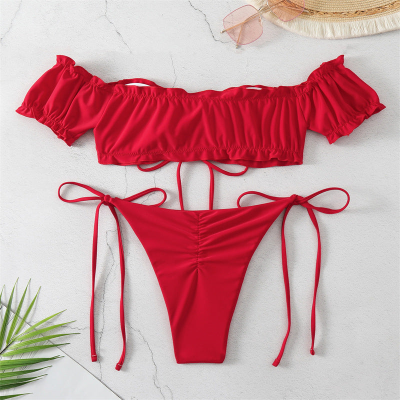 Femme Off-Shoulder Rynkning Bikini Sæt Stilla