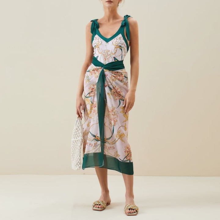 Dame blomsterprint rynkning monokini med omslags nederdel Stilla