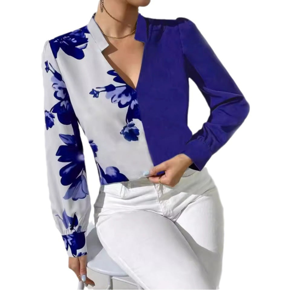 Damebluse med asymmetrisk snit og blomstermotiv Stilla